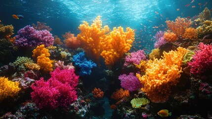 Obraz premium Vibrant coral reef teeming with colorful marine life under clear blue water, showcasing biodiversity