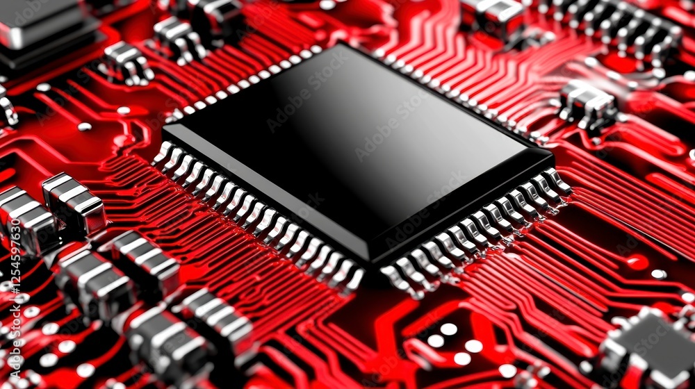 Poster closeup view of a red circuit board with a black processor chip in the center