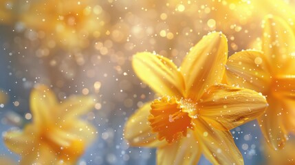 Fototapeta premium Detailed view of snowflakes on the yellow daffodil petals, creating a harmonious contrast of warmth and cold. 