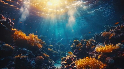 Vibrant underwater scene showcasing colorful coral reefs and sunlight filtering through water