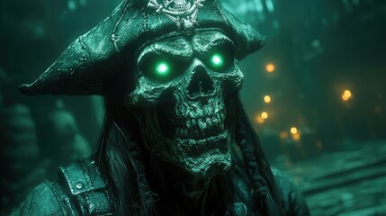 A menacing skeleton pirate with glowing green eyes stands in a dimly lit, eerie shipwreck setting