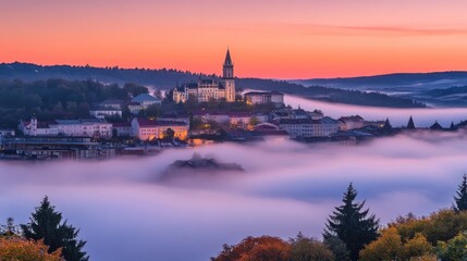 Obraz premium Misty Town Sunrise Over Hills with Color Hues and Foggy Horizon Viewpoint Landscape With Trees and Buildings Architecture Landscape View During Sunrise Or Sunset Early Morning Or Late Evening Scenic