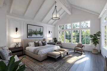 open-plan bedroom with large windows and neutral accents