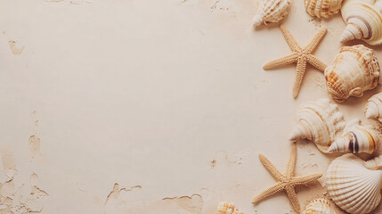 beige and brown coastal seashells and starfish on a white textured background