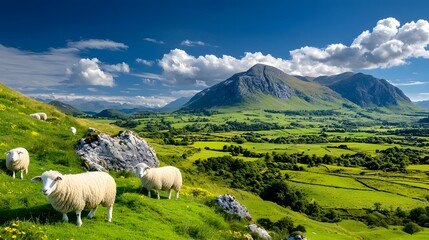 Picturesque rural landscape with a herd of sheep grazing on the lush rolling hills and meadows of a serene mountainous countryside  The scene exudes a peaceful