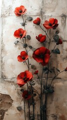 Vibrant red flowers against a textured wall, showcasing nature's beauty in an artistic setting