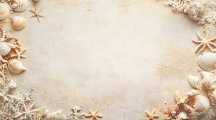 summer beach seashells and starfish border on beige background
