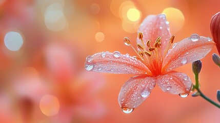 Close-up of a delicate pink flower with water droplets against a soft orange bokeh background