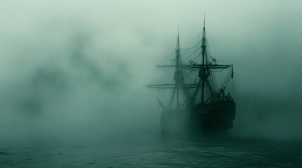A dark, shadowy vessel navigating through dense, gray fog. Nautical themes evoke a sense of mystery and foreboding. The vessel is rendered in a dark