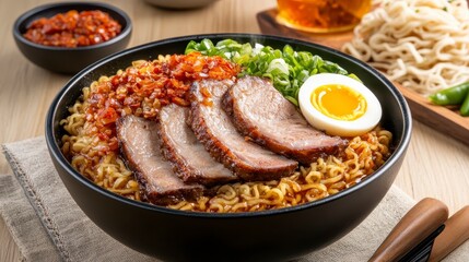 Bowl of instant noodles with braised pork, a soft boiled egg, and a spicy sauce. Noodles are topped with sliced pork and an egg, garnished with green
