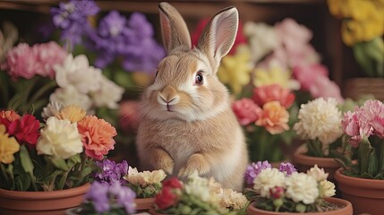 A fluffy rabbit surrounded by small pots of colorful spring flowers digital