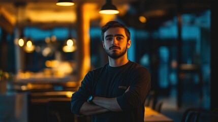 Fototapeta premium Young man standing arms crossed in restaurant in night