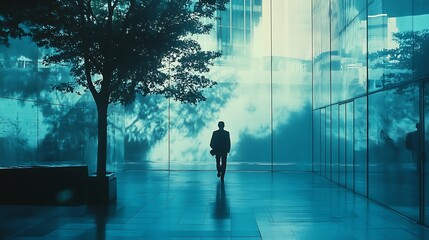 Fototapeta premium Solitary Figure Walking Through a Modern Glass Building