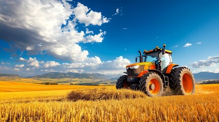 Fototapeta premium Powerful tractor plowing a vast expanse of golden wheat field under a dramatically cloudy and vibrant sky showcasing the scale and machinery of modern agriculture
