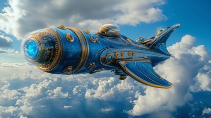 Obraz premium Futuristic, stylized vessel flying above fluffy white clouds against a vibrant blue sky. The craft is detailed with metallic blue and gold accents