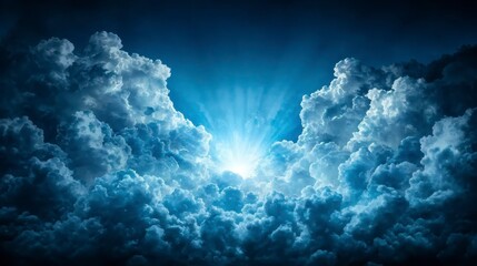 Fototapeta premium Dramatic night sky scene with clouds illuminated by a bright light source. Dark blue and gray clouds, bright white light shining through them