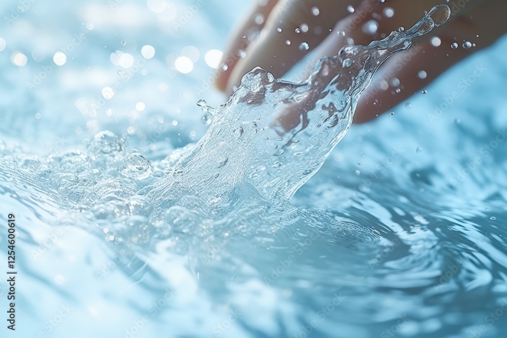 Poster captivating splash of water from a fingertip with bokeh effect and dreamy blue tones in a serene set