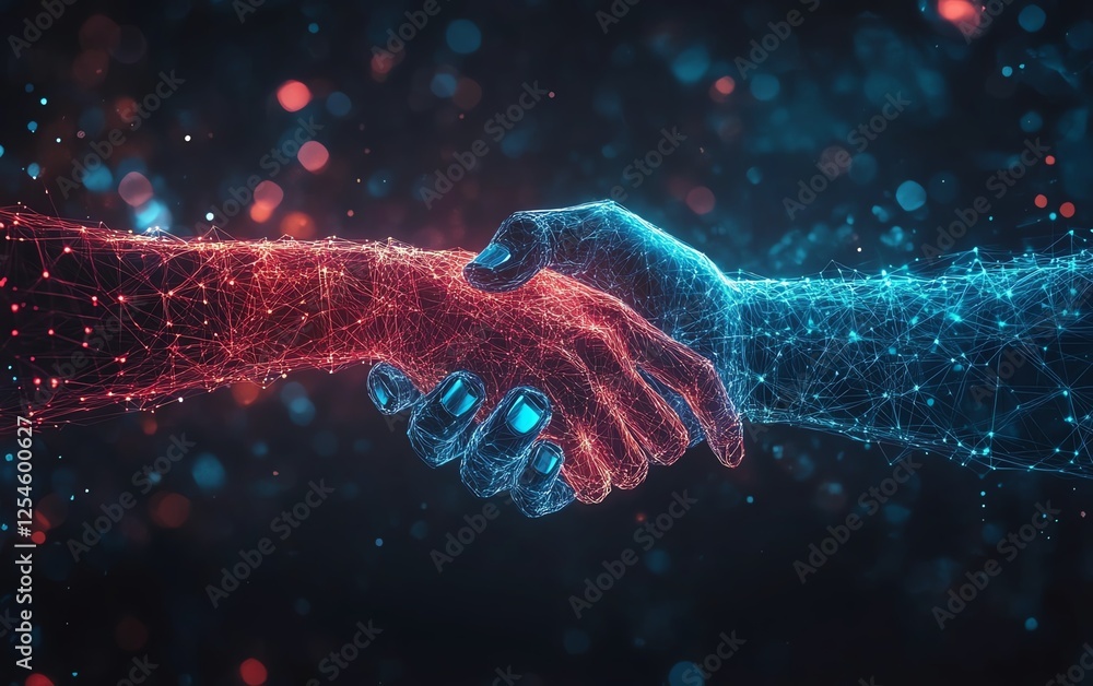 Poster digital handshake with locks and data visualization, dark background, concept of business network, c