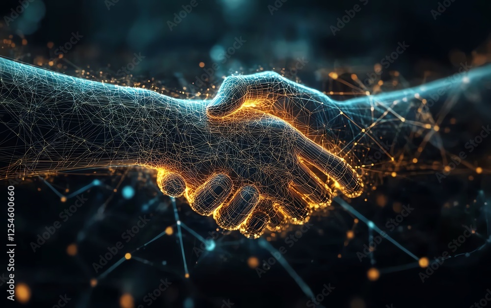 Poster digital handshake with locks and data visualization, dark background, concept of business network, c