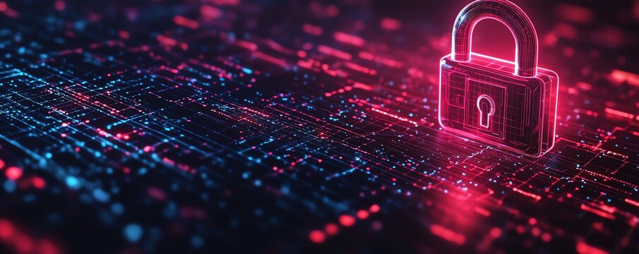 Digital handshake with locks and data, dark background, concept of cybersecurity, business network, generative AI, futuristic glowing design