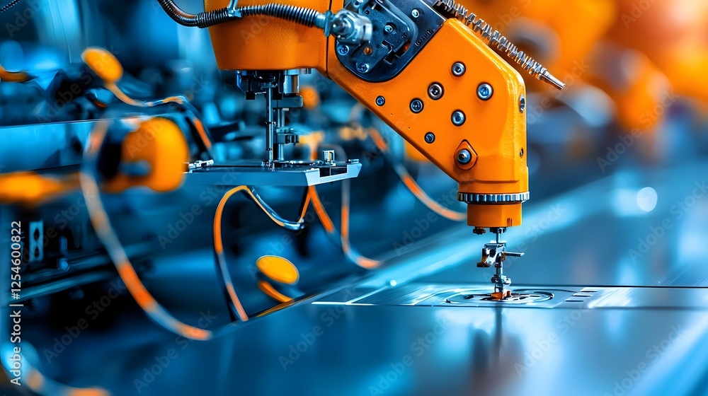 Poster rows of sleek high tech industrial sewing machines lined up in a state of the art garment manufactur