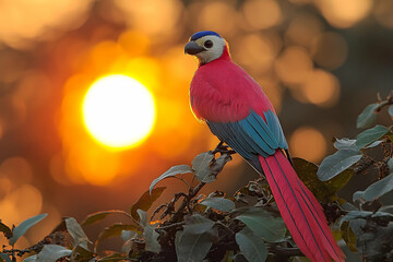 Pink Parrot Perched On Branch At Sunset