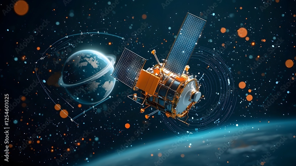 Fototapete satellite sending signals to gps tracker on moving vehicle in space with glowing orbs surrounding th