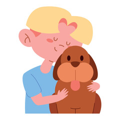 Obraz premium Boy cuddling a brown puppy with affection