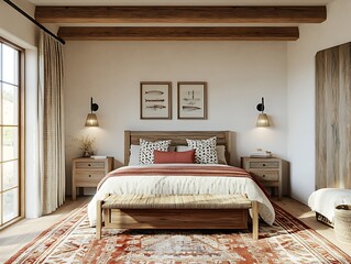 rustic bedroom with wooden furniture and patterned bedding