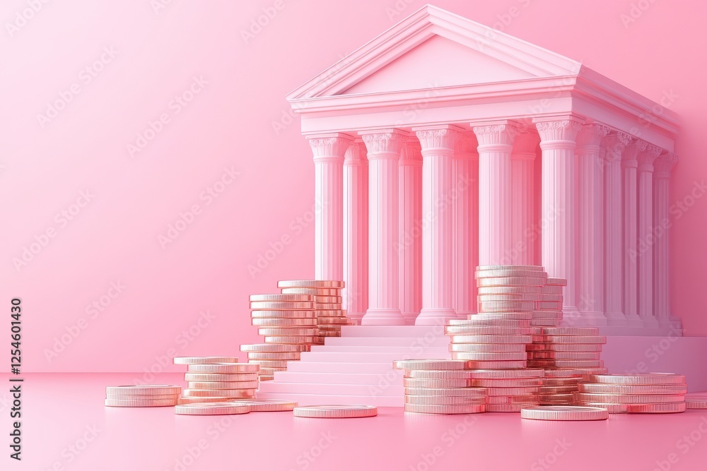 Aufkleber a pastel pink structure resembling a classical building with columns, surrounded by stacks of gold c