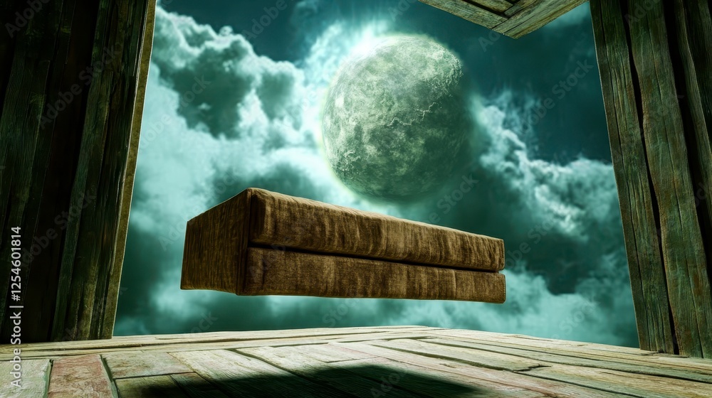 Poster a floating, brown, rectangular object is seen against a night sky, featuring a large moon and clouds