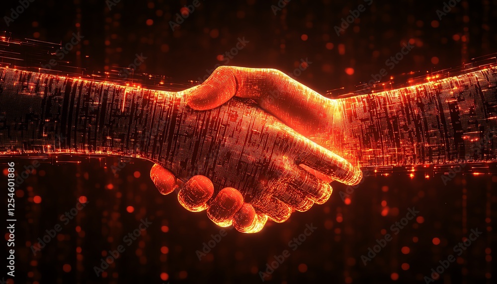 Poster hands shaking with digital locks and flowing data visualization, dark background, representing cyber