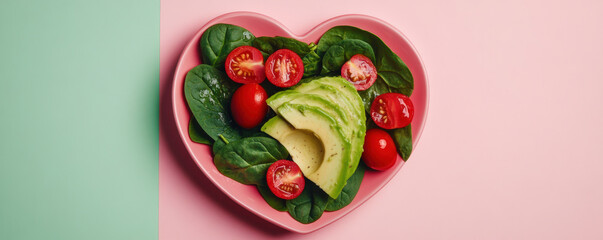 Fresh heart shaped plate filled with spinach, avocado, and cherry tomatoes, showcasing healthy and vibrant meal. Perfect for nutritious lifestyle