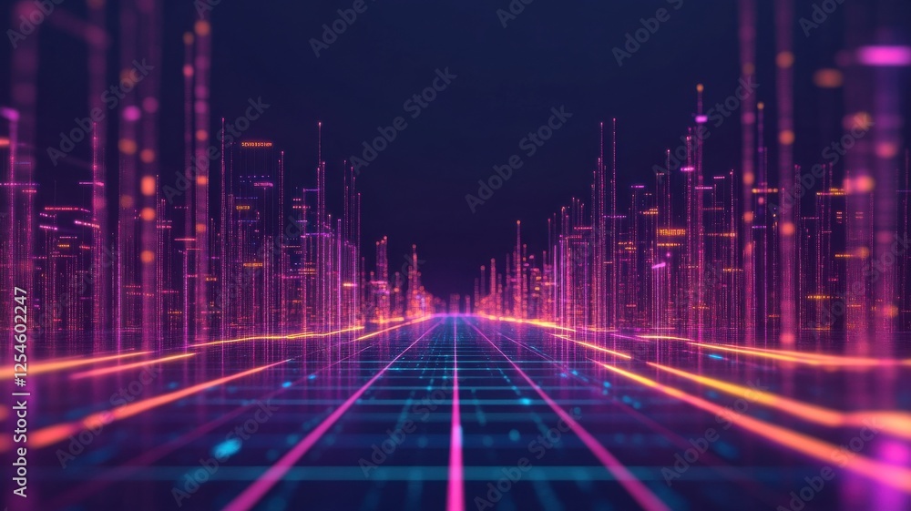 Poster a vibrant, futuristic digital landscape with glowing lines and structures that create a sense of dep