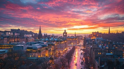 Naklejka premium Stunning Sunset Over Edinburgh Cityscape with Vibrant Colors