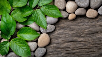 Serene Spa Background Green Leaves and Smooth Stones on Rustic Wood