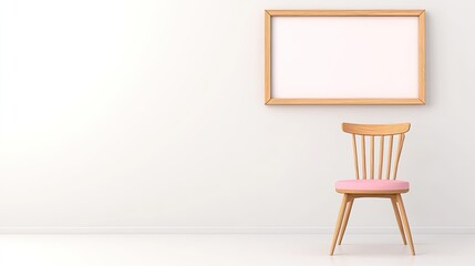 Minimalist interior with a wooden chair and empty frame on a white wall, creating a serene atmosphere