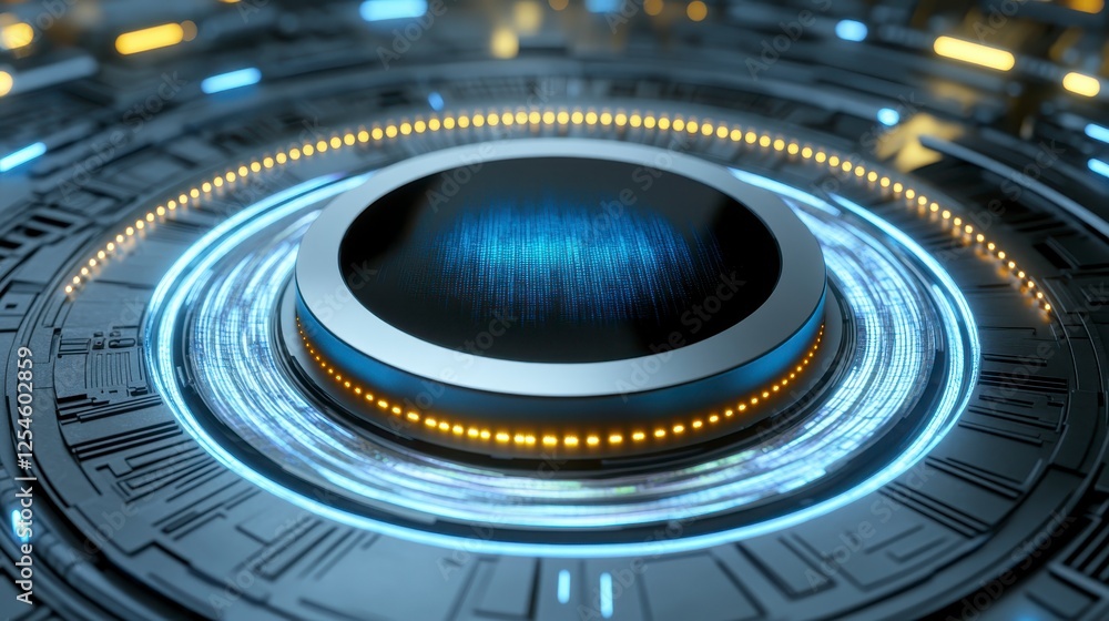 Poster high tech circular device, surrounded by glowing lights and intricate mechanical patterns, showcasin