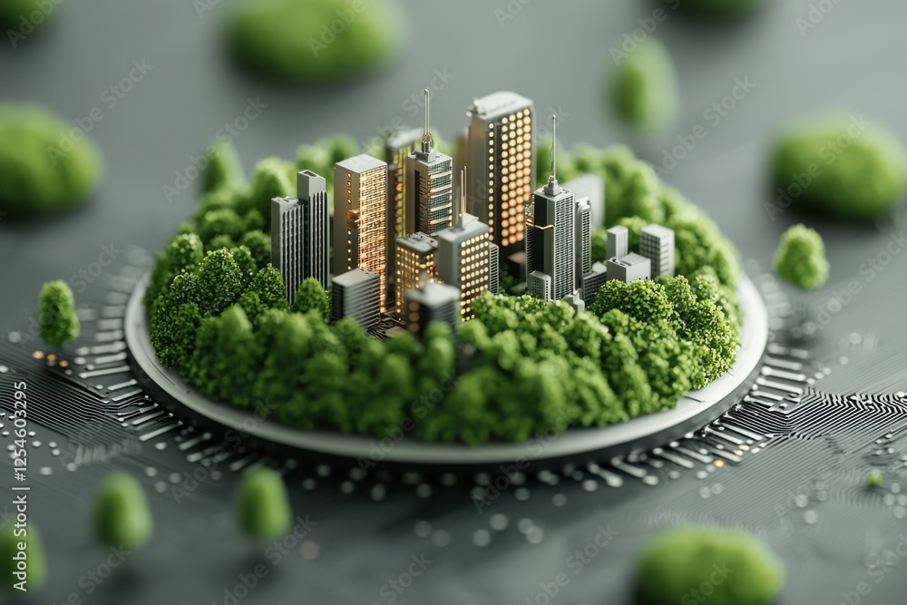 Poster sustainable microchip embedded in futuristic digital cityscape with towering skyscrapers surrounded 