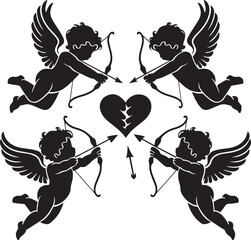 Fototapeta premium A Black-And-White Silhouette Design of Four Cherubic Cupids With Bows And Arrows