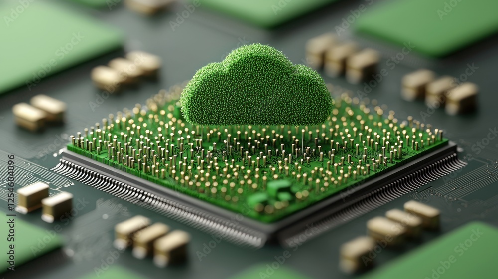 Poster this image depicts a stylized green cloud like shape made up of a microchip circuit board representi