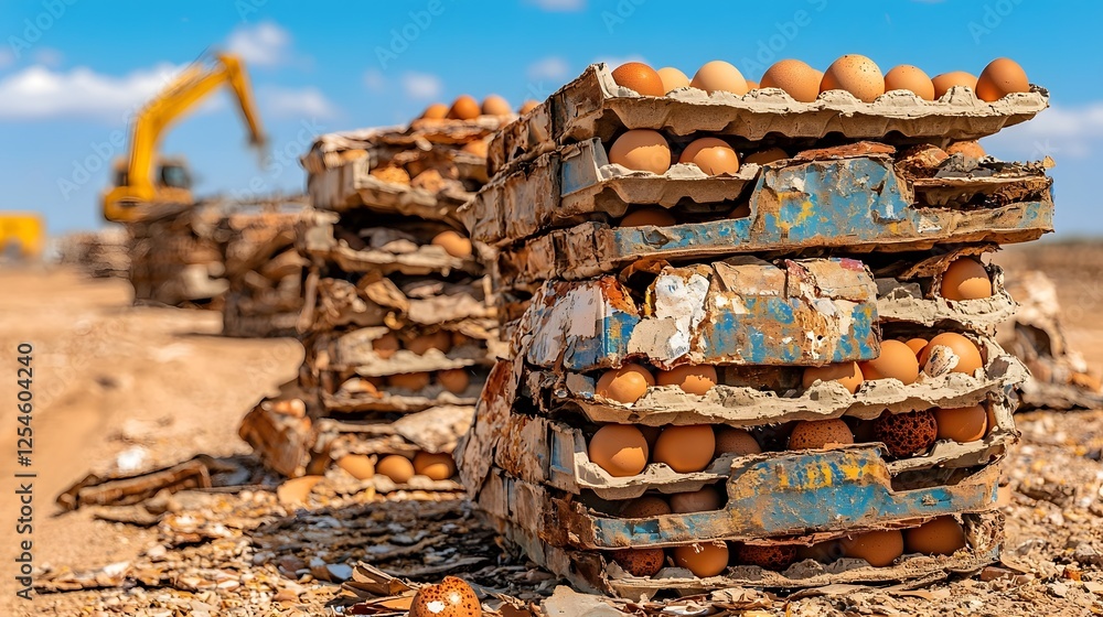 Poster stacked egg crates or cartons piled high and secured on wooden pallets ready for transport from a co