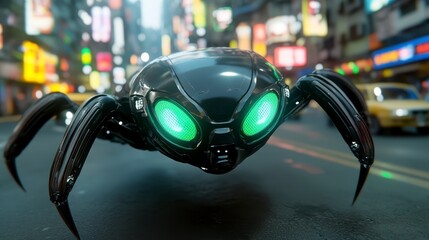 Fototapeta premium Futuristic, black insect like robot, glowing green eyes, on city street, urban background, vibrant lights, modern design, technological
