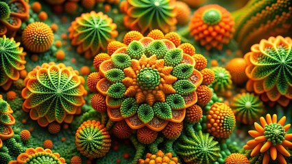 Intricate macro shot of green and orange organic patterns resembling botanical structures or microscopic natural formations with delicate floral arrangements, plant, stems
