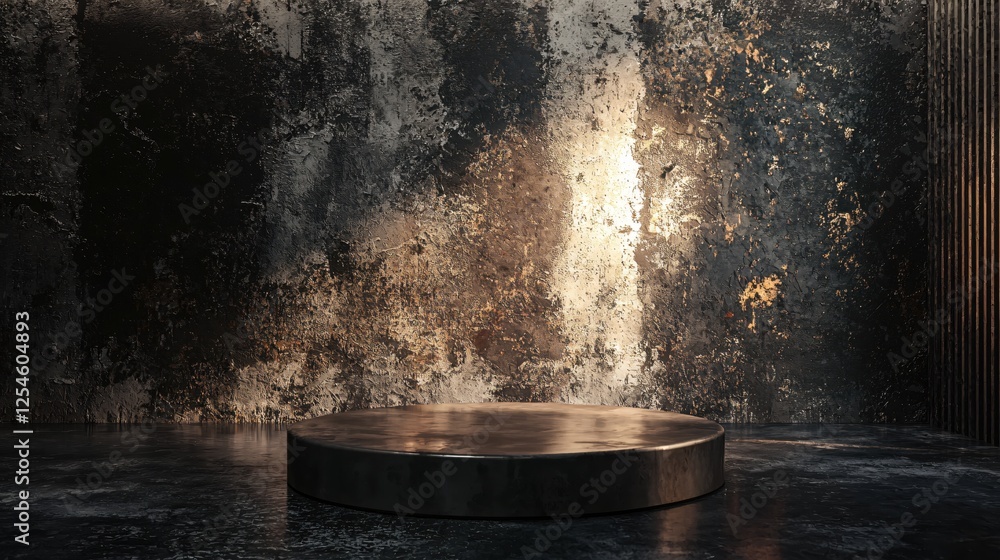 Poster elegant dark stage with spotlight for product display and textured wall in studio setting