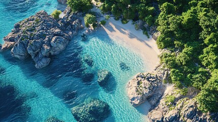 Aerial View of Tropical Island Paradise with Turquoise Water Sandy Beach and Lush Green Trees