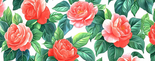 Coral Camellia Floral Seamless Pattern