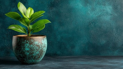 Serene Green Plant in Teal Pot Against a Textured Dark Teal Background