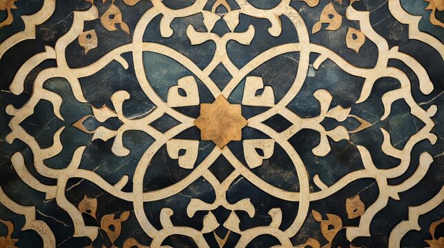 A classic Arabic background with intricate ornamental patterns like swirling arabesques and geometric tile designs, in a muted color scheme