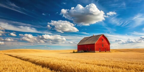 Old red barn standing alone in a vast field of golden wheat under a clear blue sky with white clouds and a few trees scattered around , rural landscape, old barn